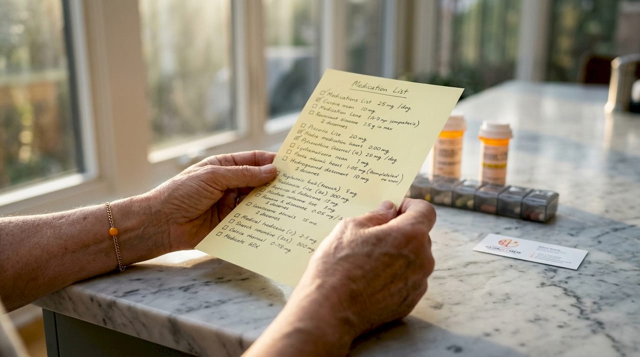 Hands holding medication list over table