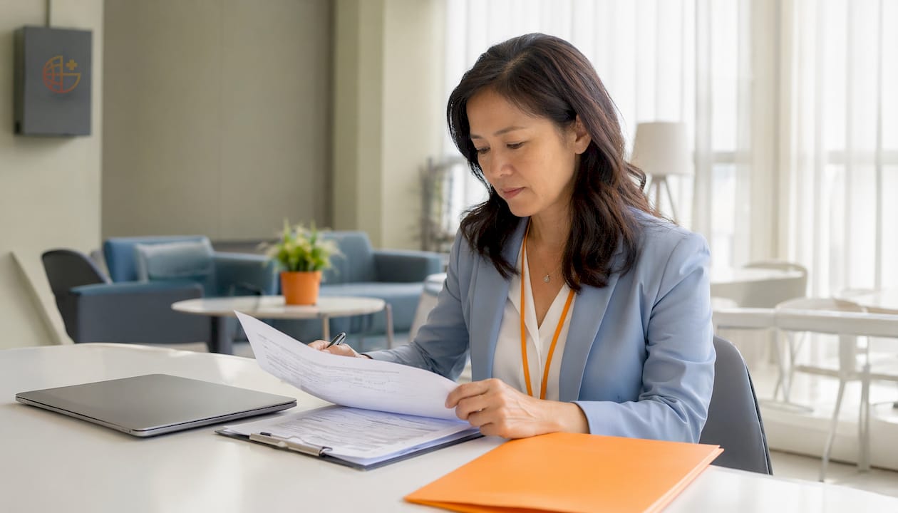 Healthcare administrator reviewing specialist network documents