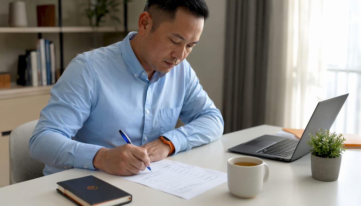 Man completing medical history form