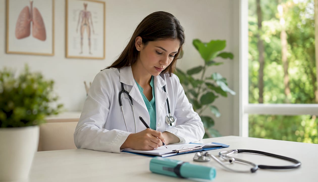 Médica regista observações sobre o exame pulmonar durante a consulta