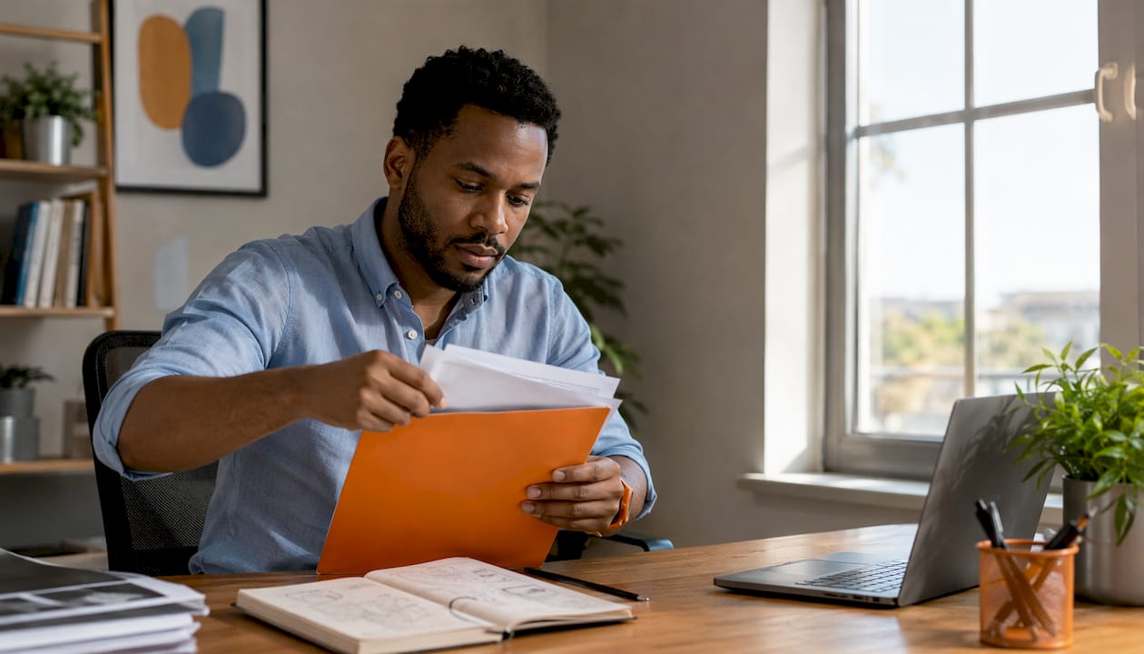 Man sorting medical documents at home desk
