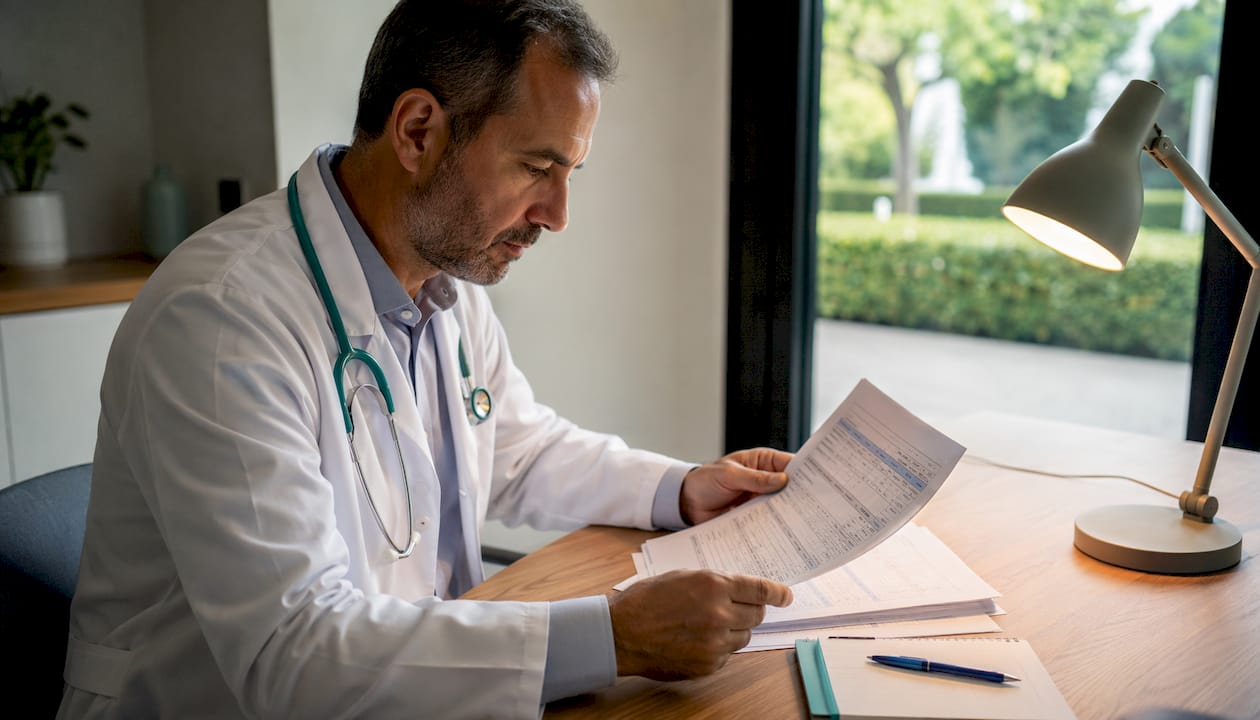 Médico a analisar o historial clínico de um doente com várias doenças associadas