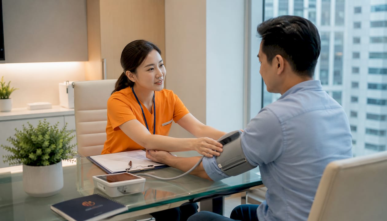 Nurse measuring employee blood pressure in Macau office
