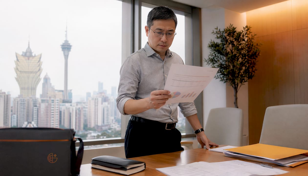 HR manager reviewing health check reports at desk