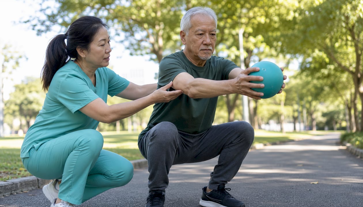 Uma cuidadora acompanha um sénior na realização de exercícios de reabilitação no conforto da sua casa.