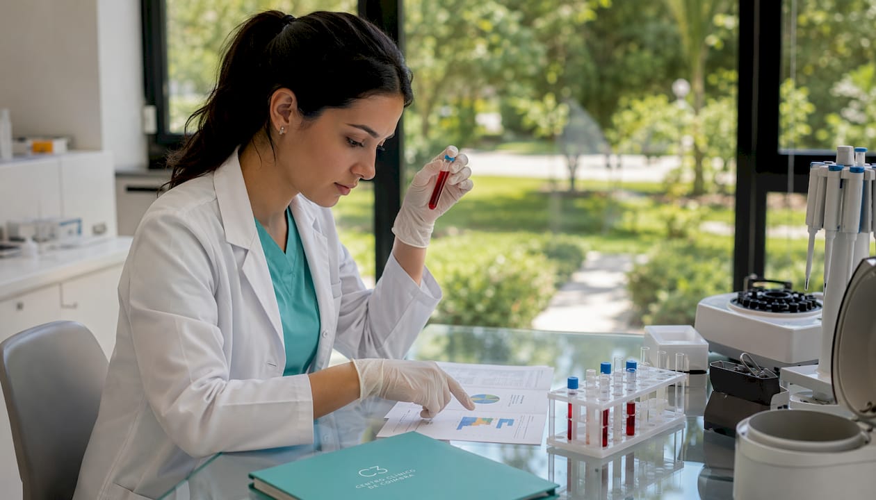 Profissional de saúde analisa uma amostra de sangue no laboratório