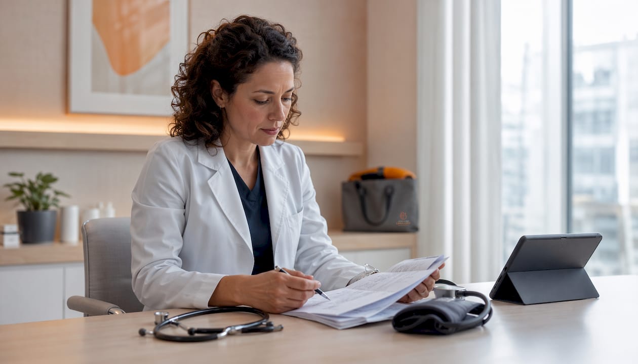 Primary care doctor reviewing patient files in outpatient clinic