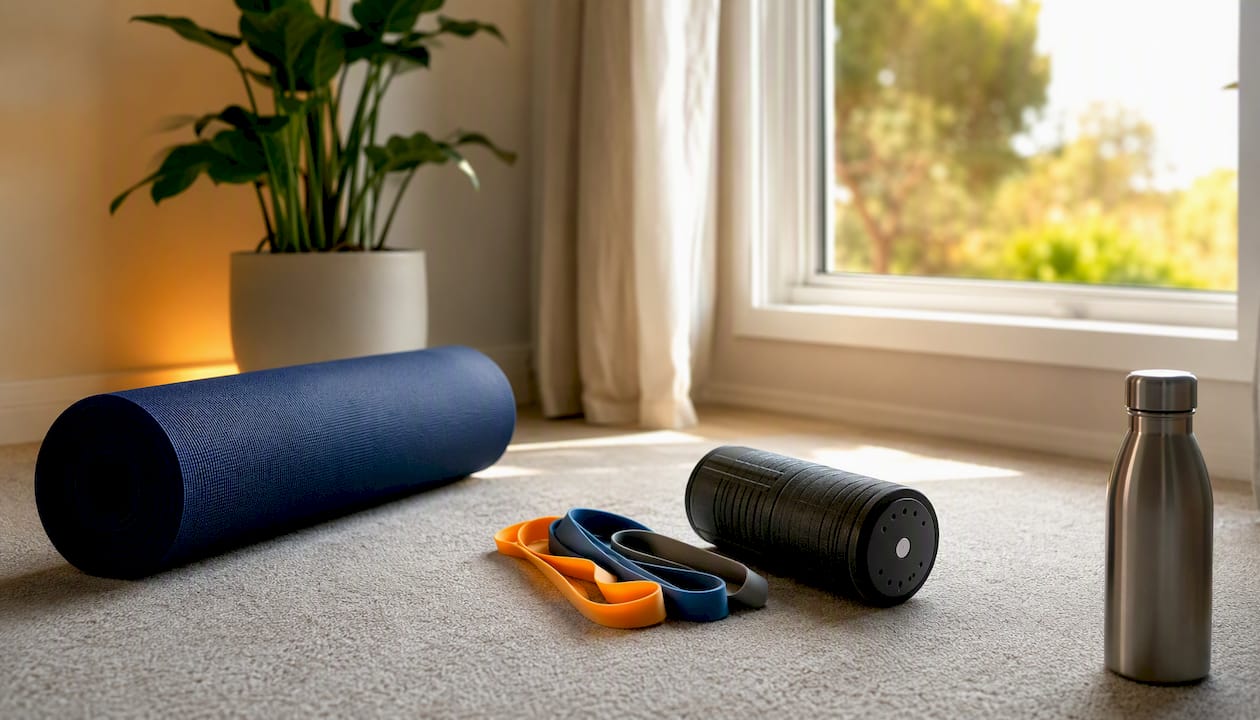 Physiotherapy exercise tools on floor at home