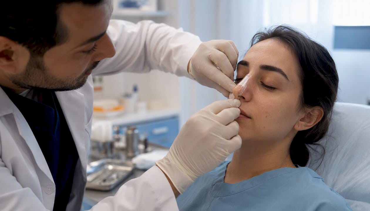 Medical professional removing nasal splint