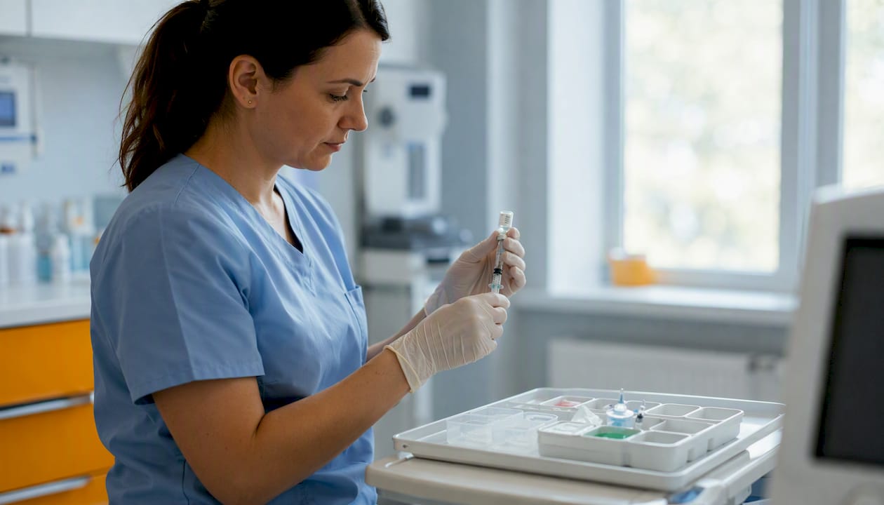 Nurse preparing medication doses in outpatient clinic