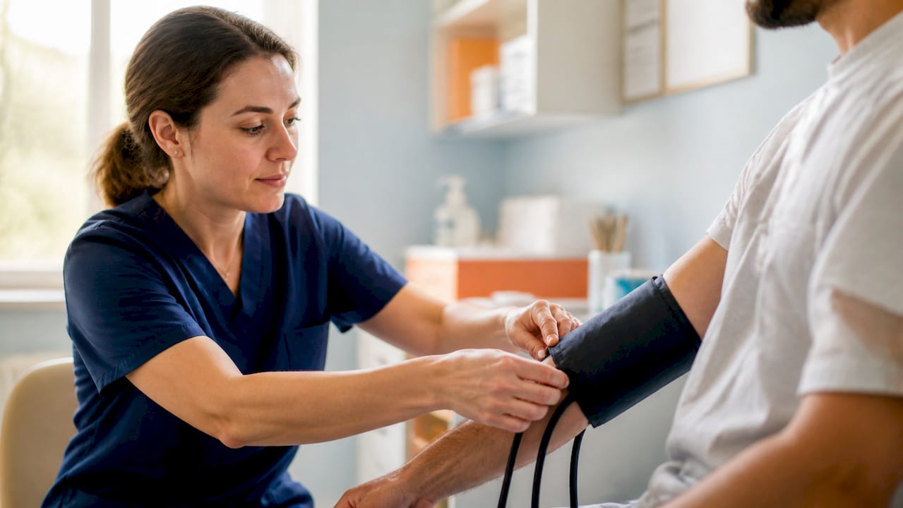 Nurse adjusting blood pressure cuff on patient