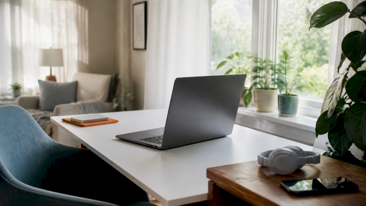 Dark screen laptop and telehealth accessories on desk