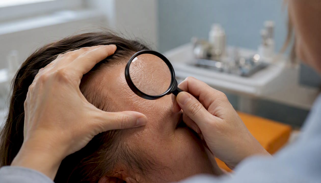 Dermatologist examining facial skin closely