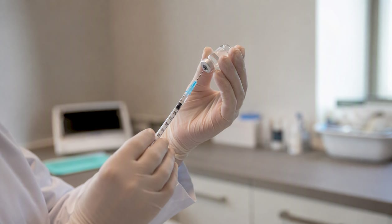 Mãos enluvadas a preparar uma seringa com toxina botulínica