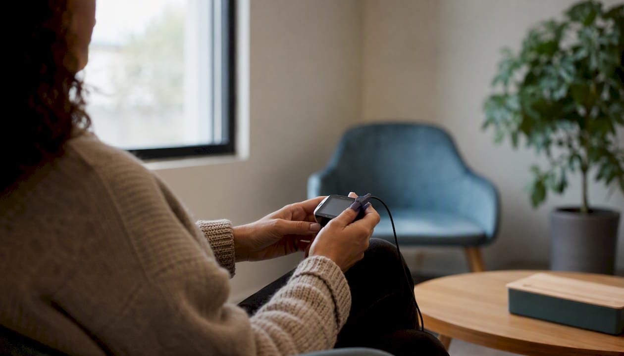 Mãos a segurar um sensor de biofeedback durante uma sessão de terapia