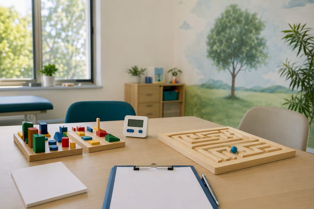 Materiais para avaliação cognitiva dispostos sobre a mesa