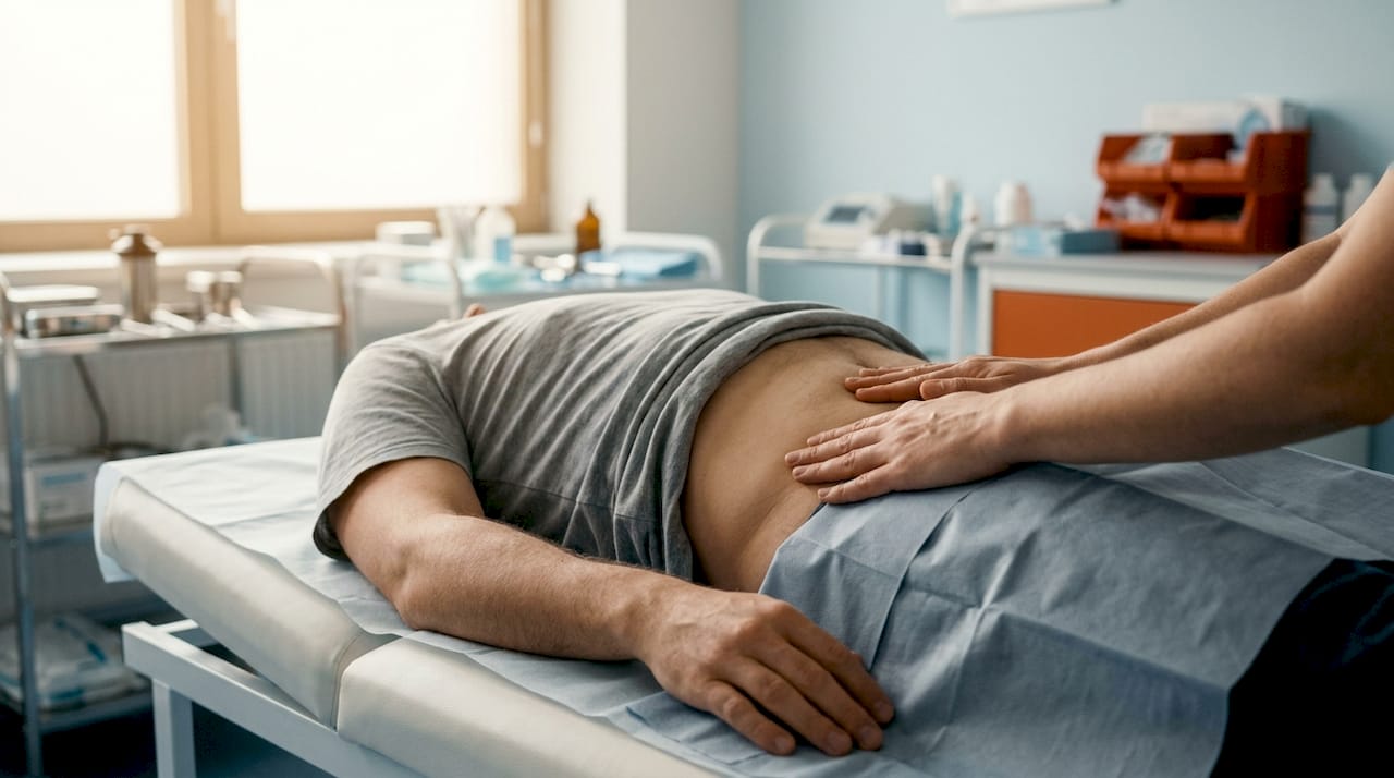Hands examining lower right abdomen