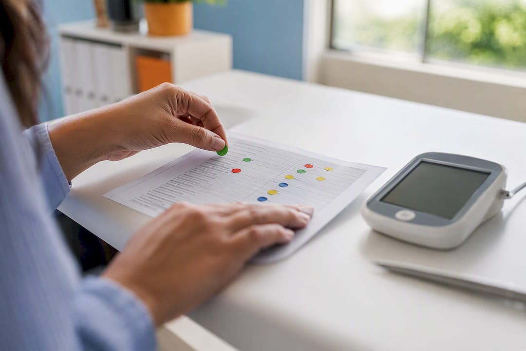 Hands prioritizing symptoms with sticky dots