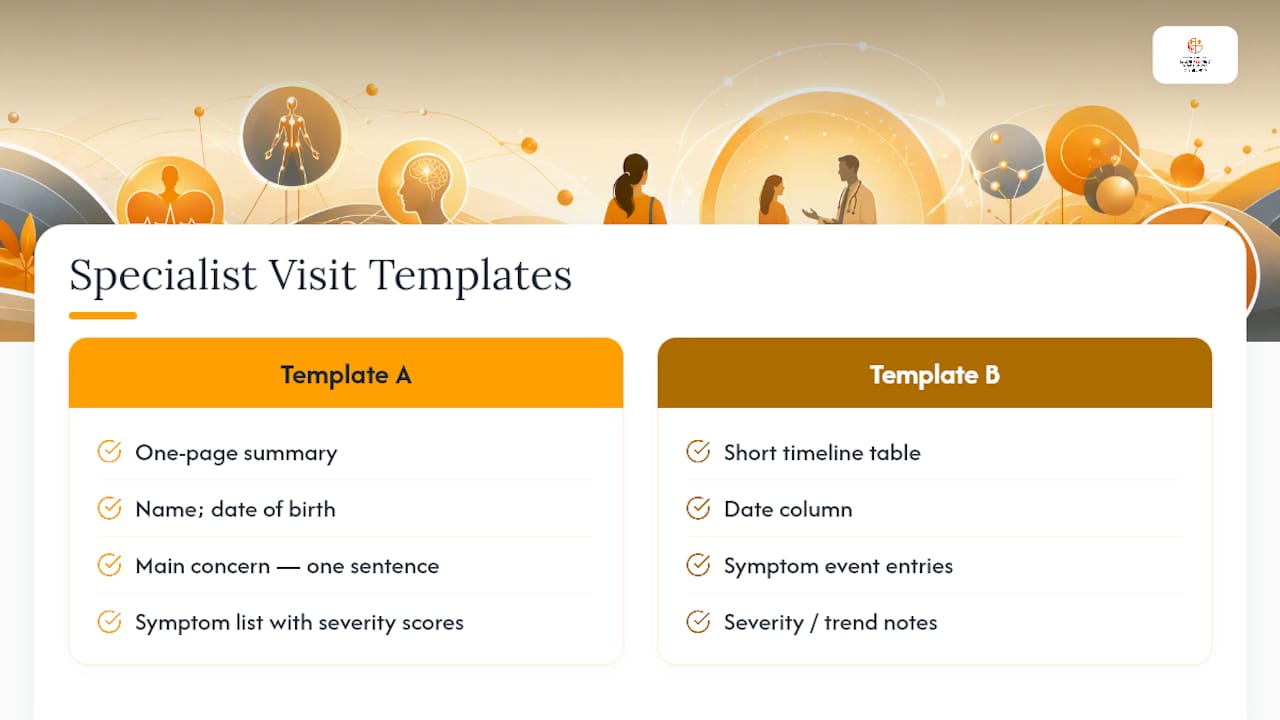 Diagram of symptom summary and timeline templates