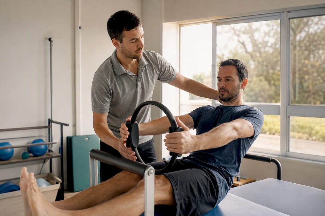 Fisioterapeuta a ajudar paciente num exercício de Pilates