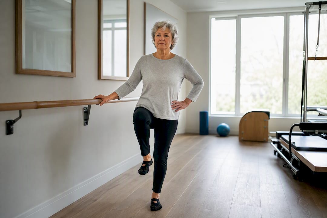 Idosa a fazer um exercício de equilíbrio no Pilates