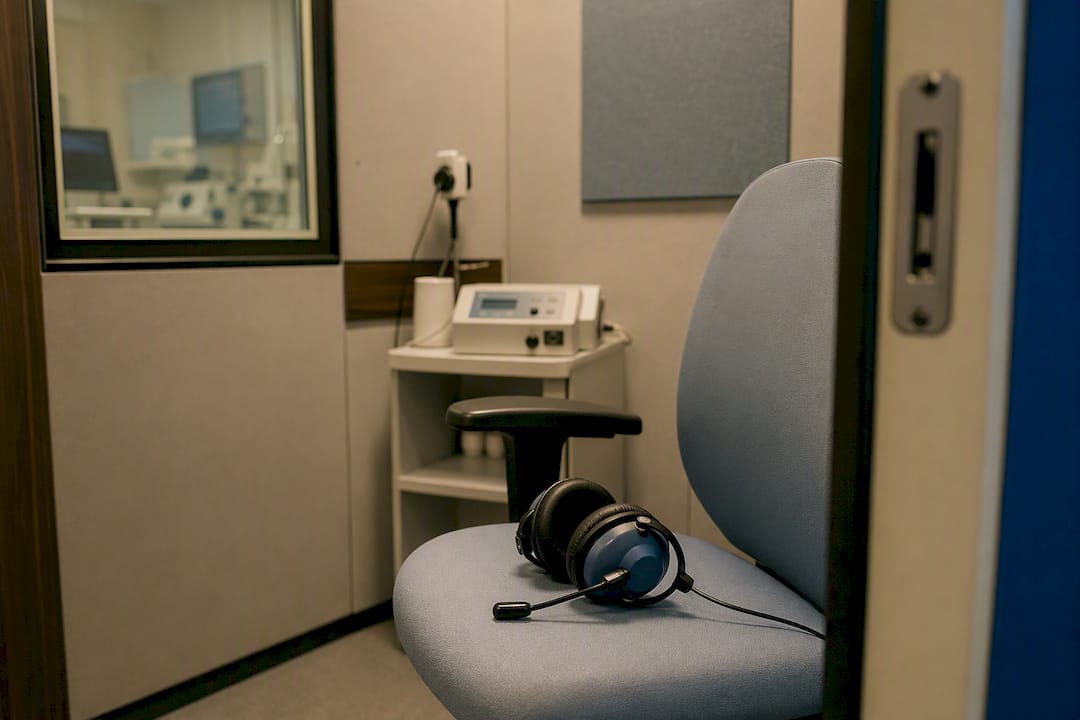 Pure-tone audiometry headphones in sound booth
