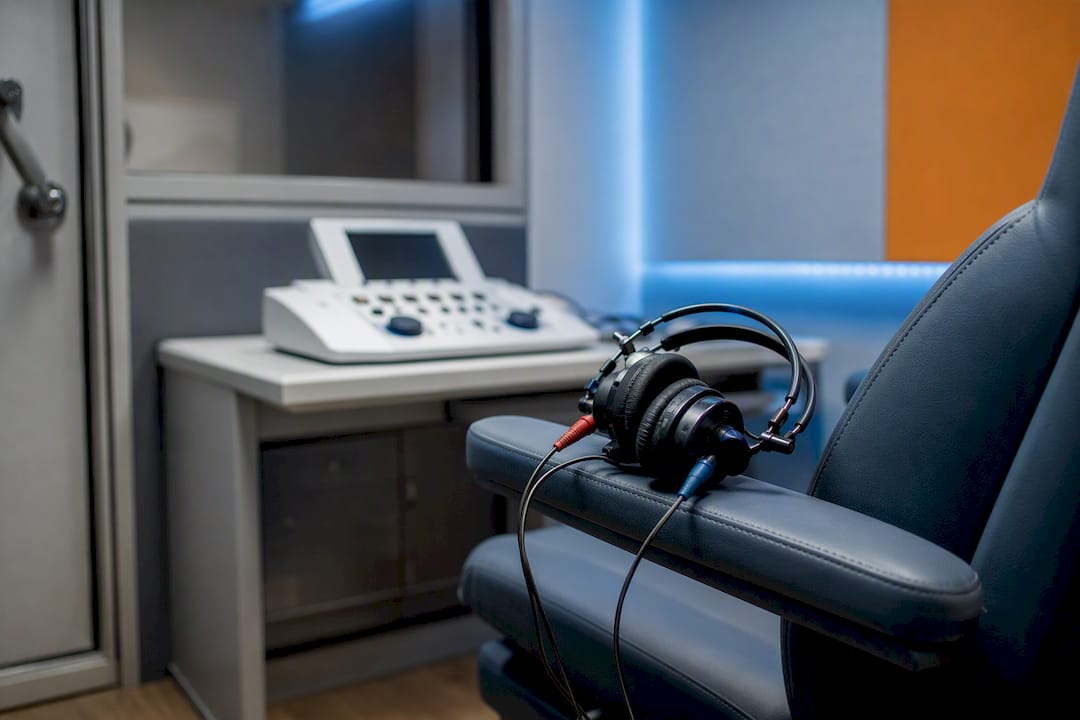 Audiology booth with hearing test headphones