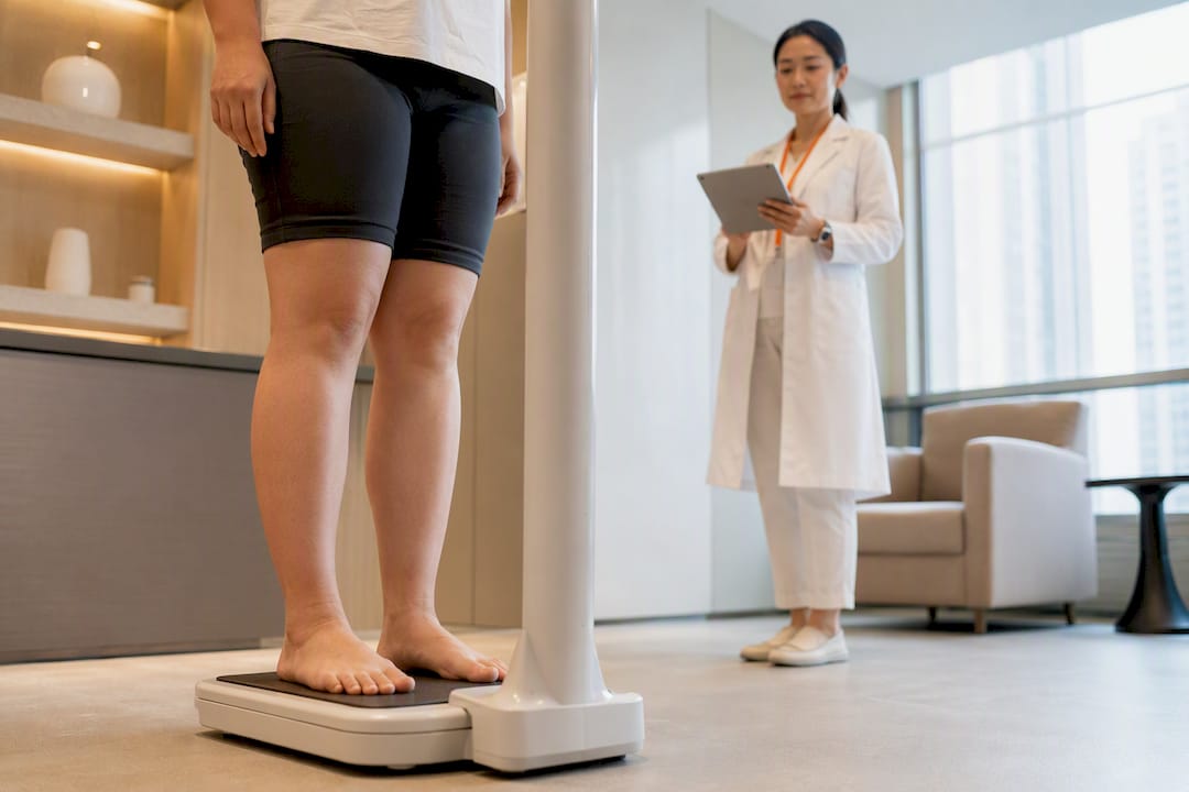 Patient undergoing supervised clinic weight assessment
