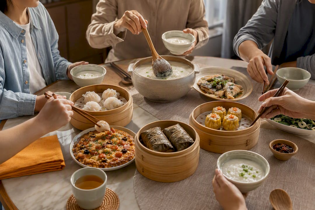 Shared Macau meal with balanced local dishes