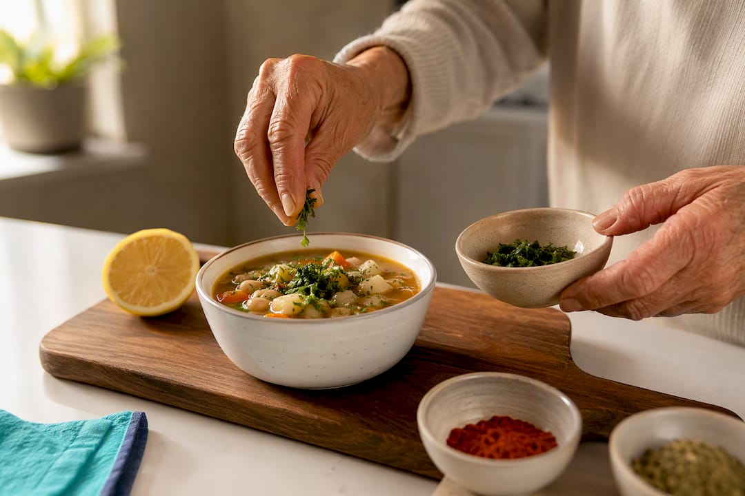 Mãos a temperar sopa com ervas e limão