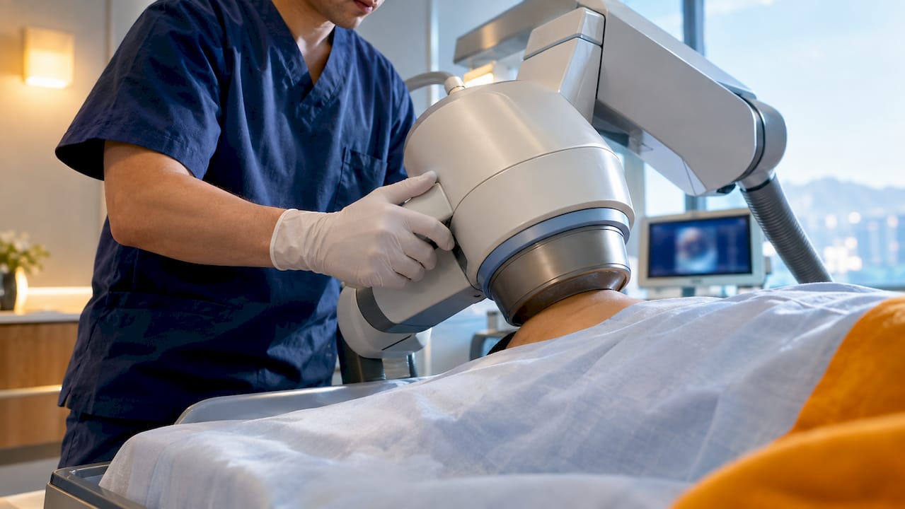 Urologist positioning lithotripsy treatment equipment