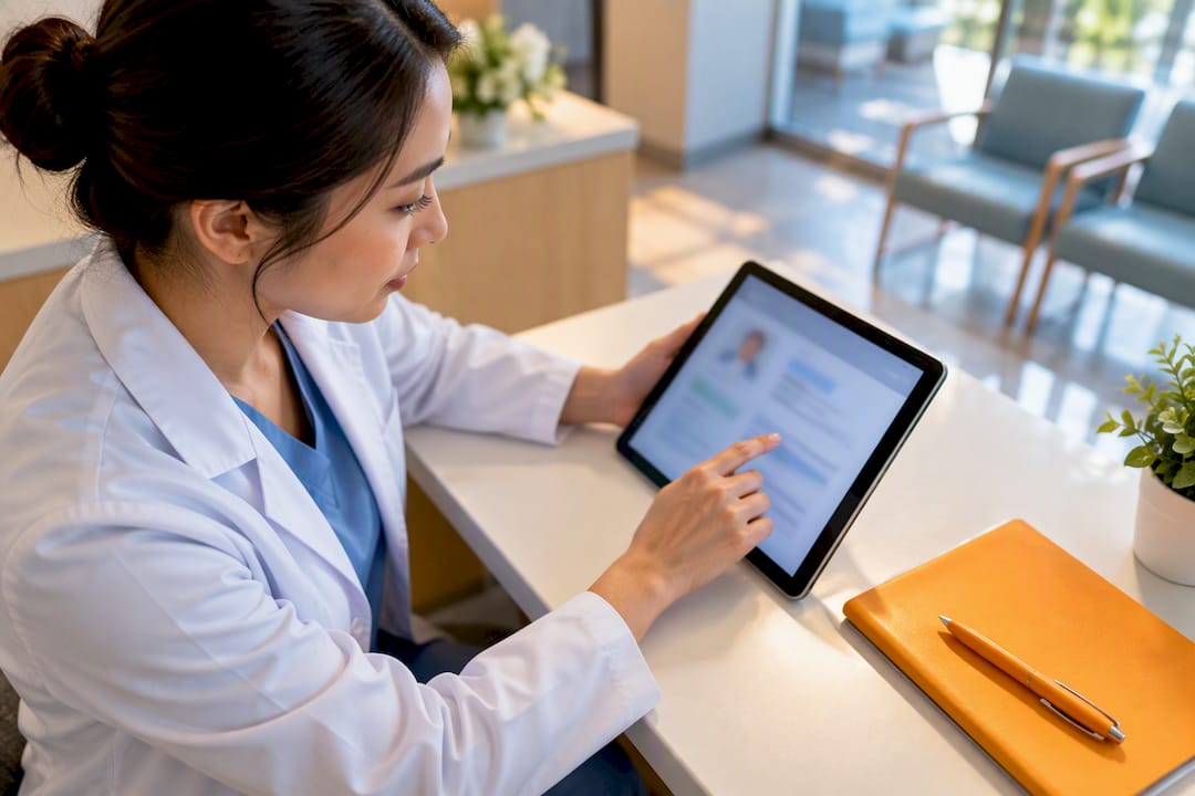 Hands checking healthcare registration details