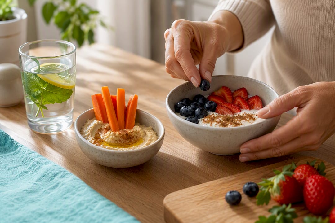 Iogurte, húmus e água aromatizada