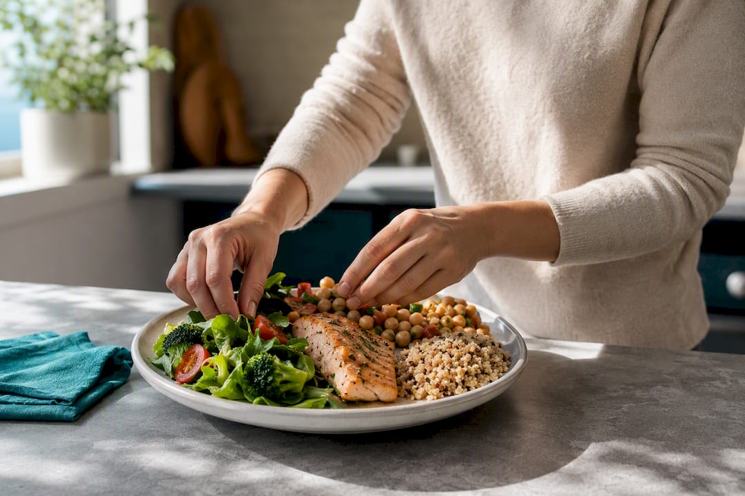 Prato equilibrado com legumes, proteína e hidratos de carbono
