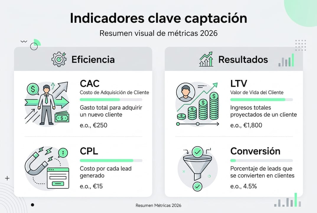 Infografía sobre los principales indicadores para medir la captación de nuevos clientes