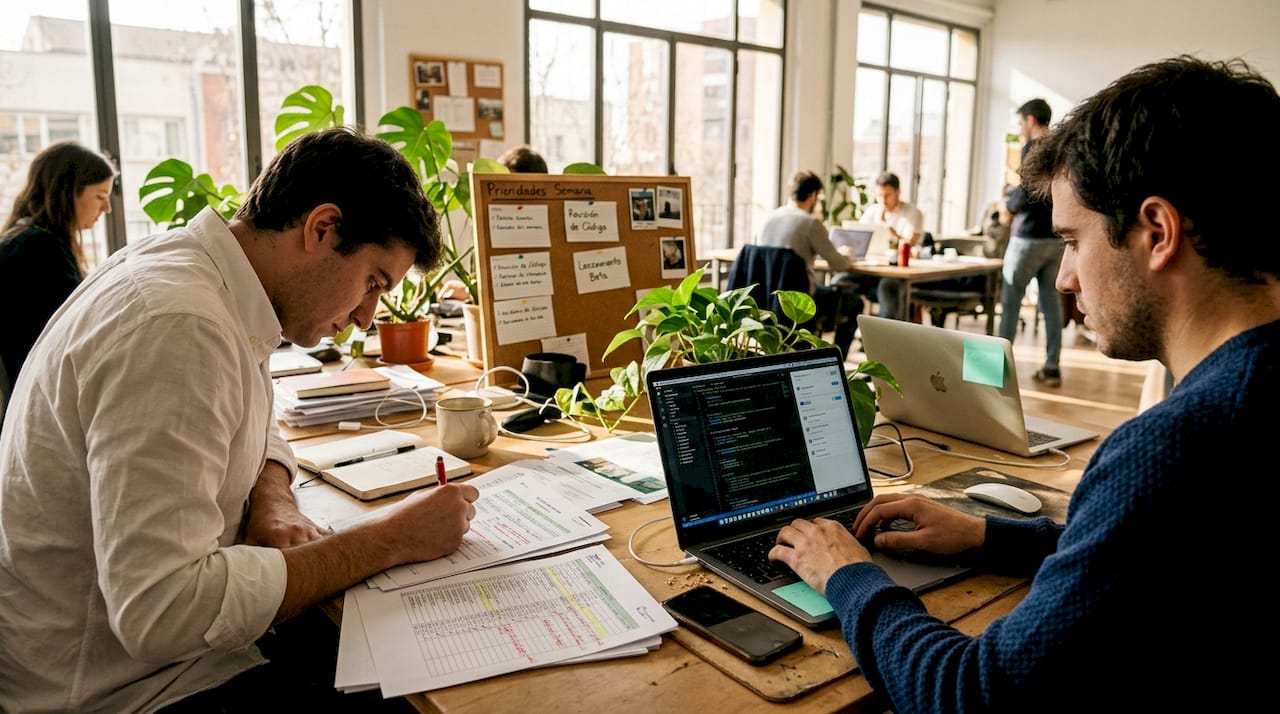 Un grupo de profesionales en un espacio de coworking optimiza su trabajo automatizando el envío de correos electrónicos.
