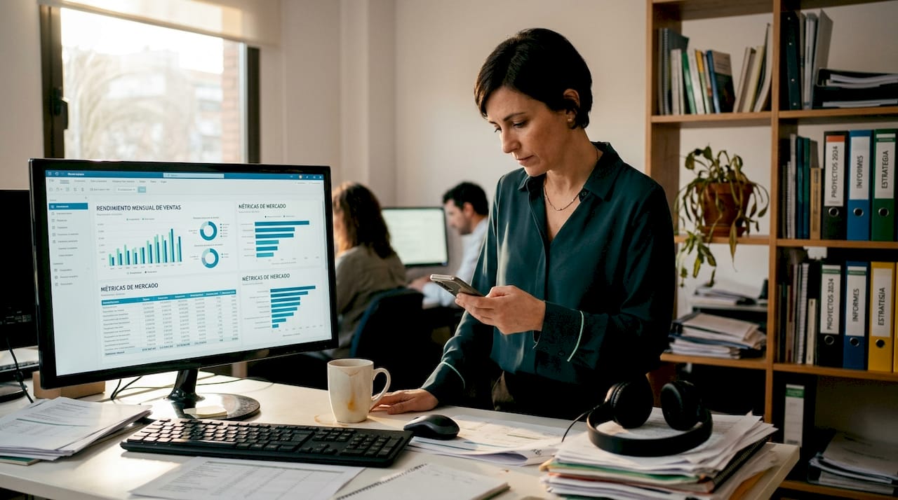 Especialista analizando métricas de marketing digital en un panel de control