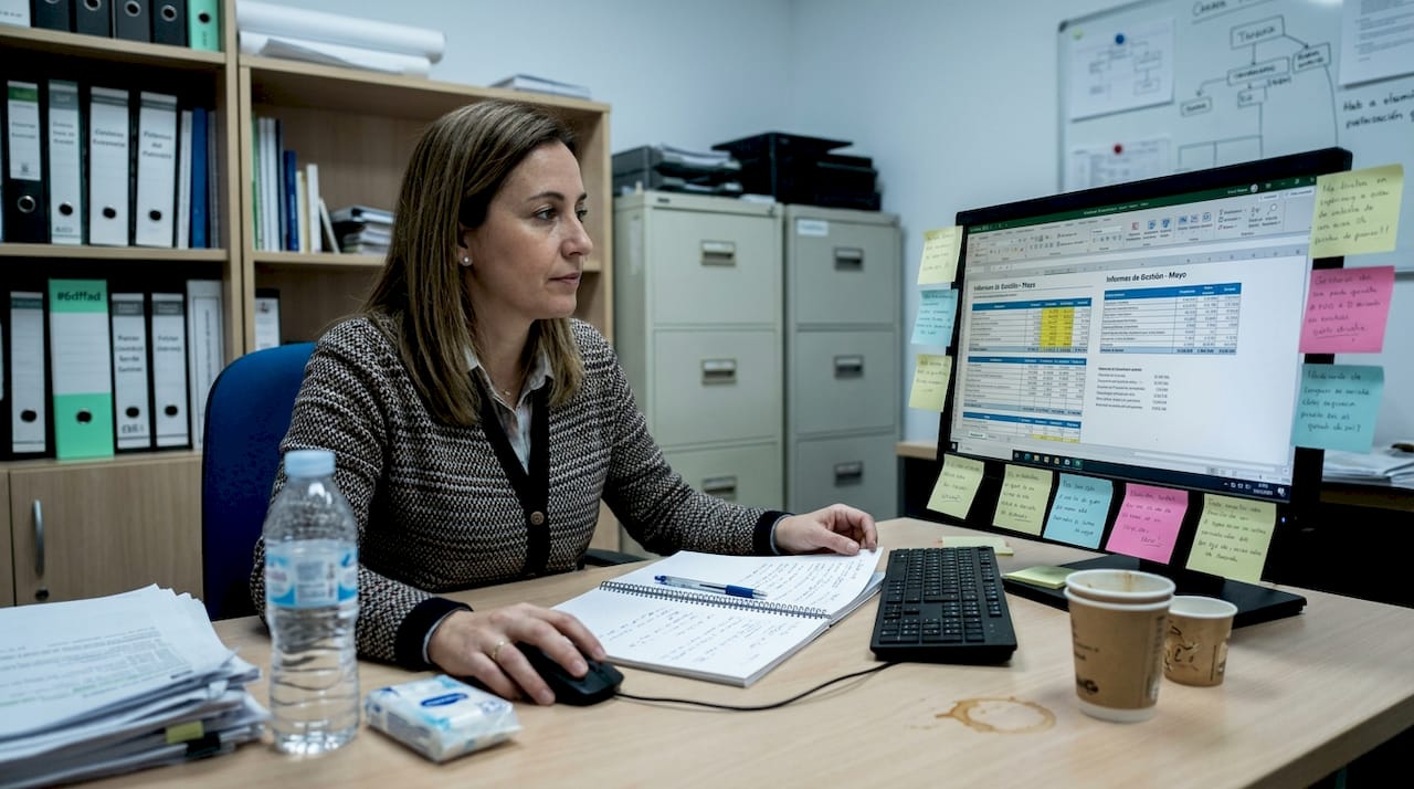 La gerente de la clínica revisa y compara estrategias de marketing en su escritorio.