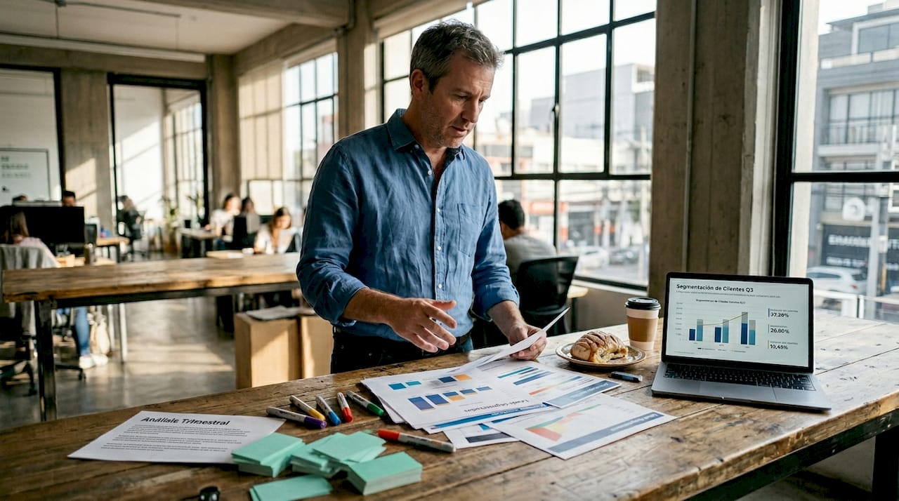 Especialista revisando perfiles de clientes segmentados y analizando gráficas de resultados