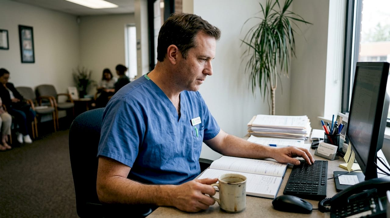 Hombre organizando las citas de los pacientes en una clínica dental