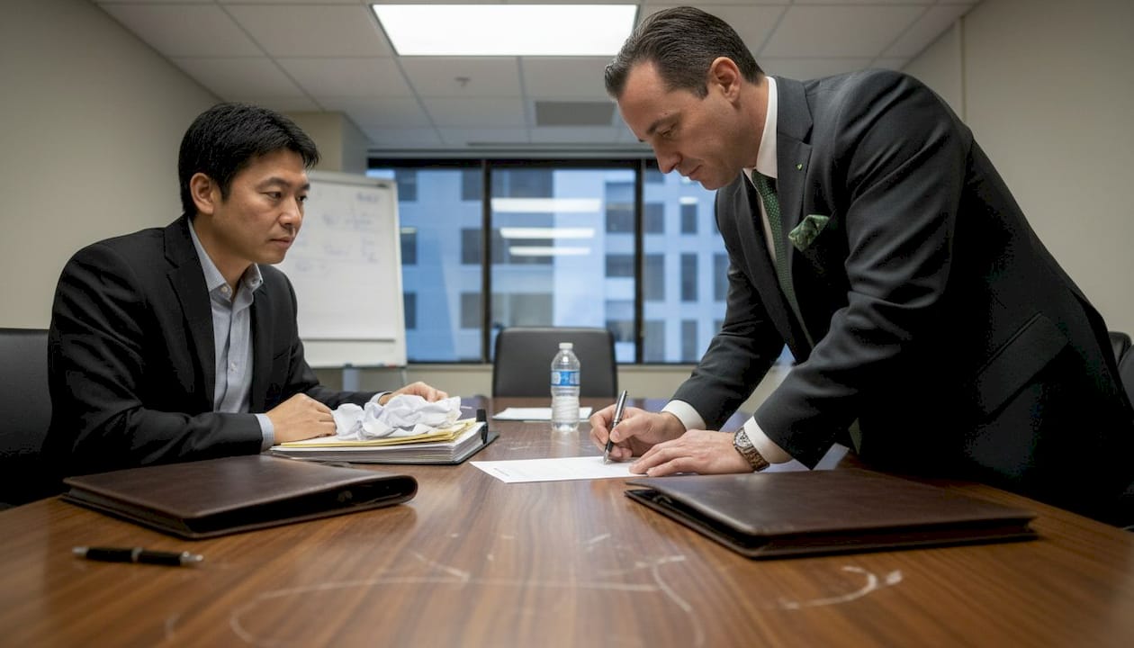 El asesor y el cliente formalizan la firma del contrato en la sala.