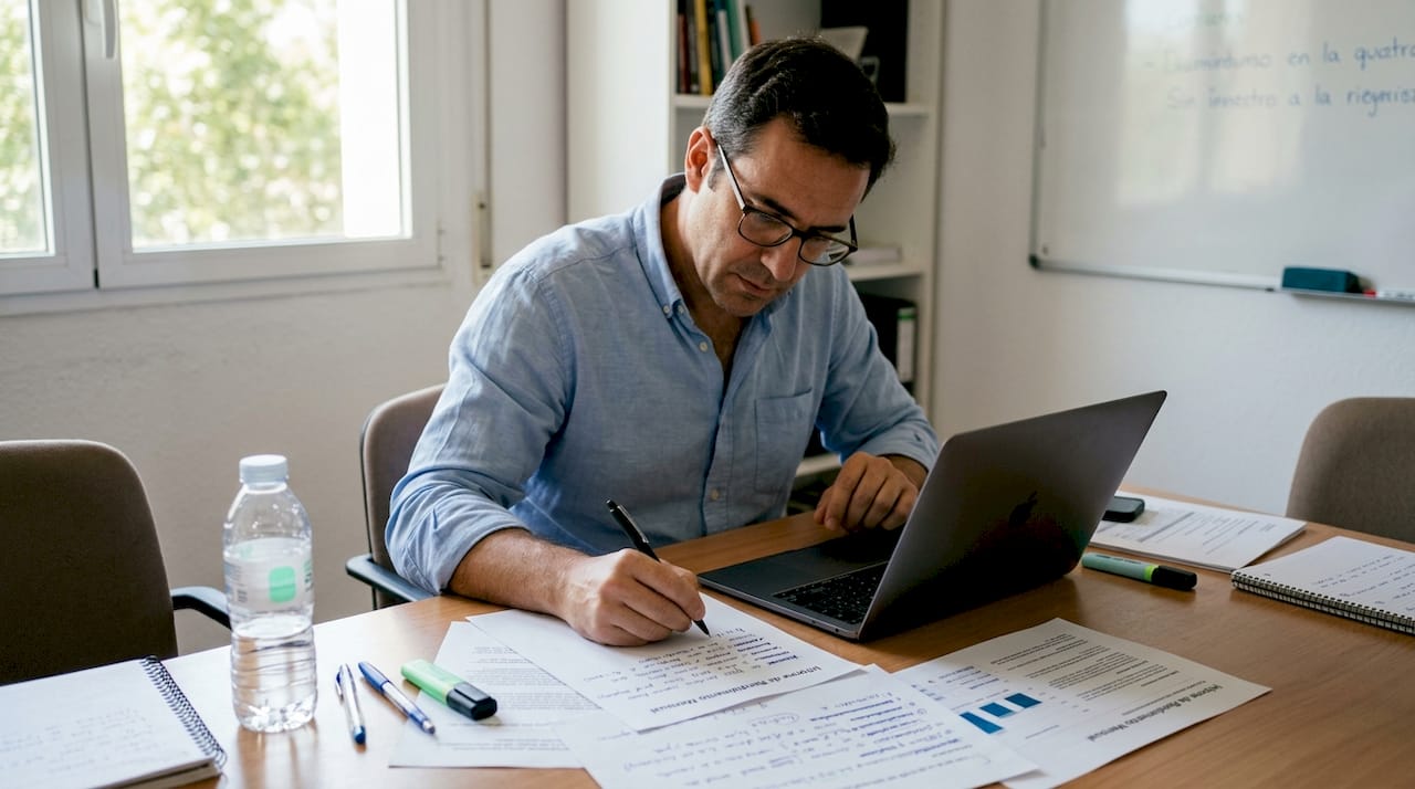Un profesional analiza documentos impresos con información relevante.