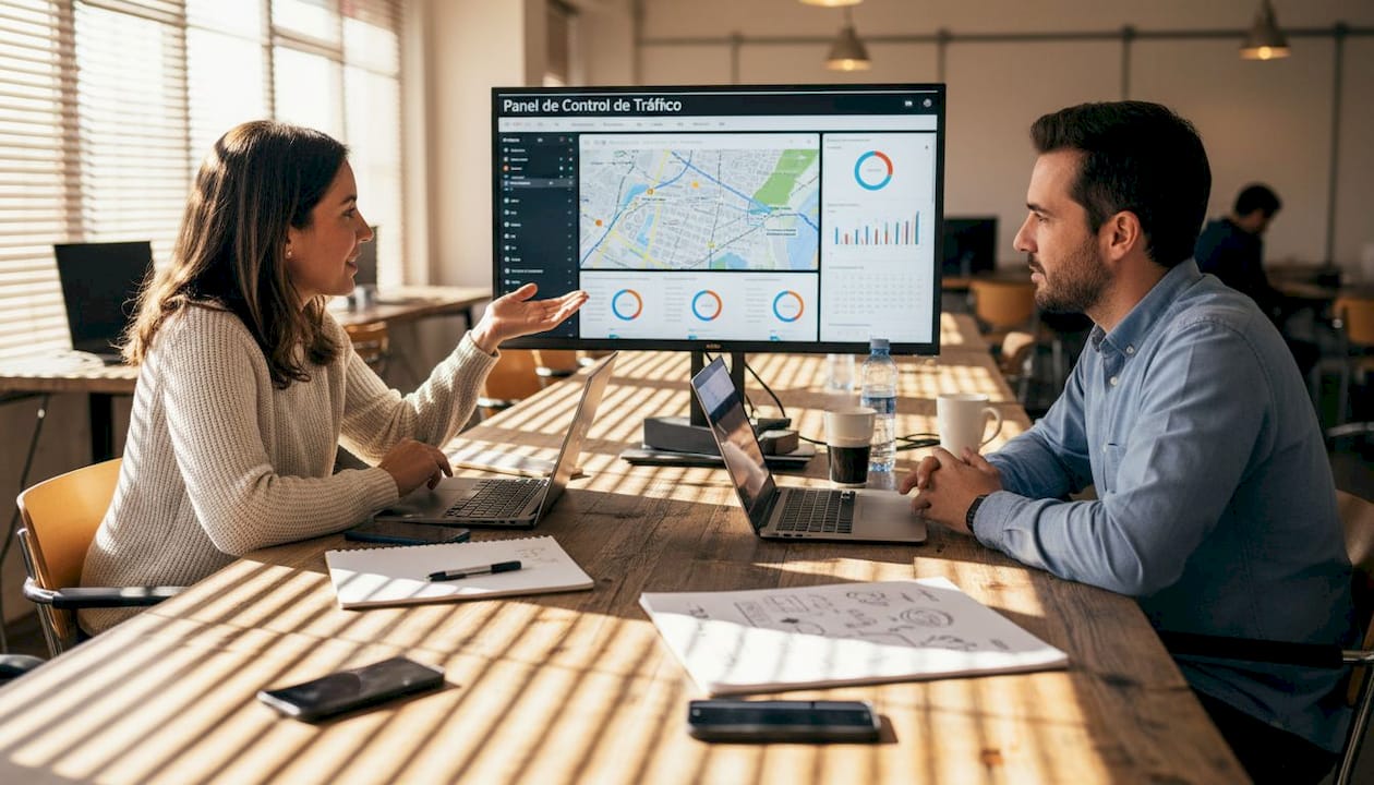 El equipo analiza las métricas de tráfico SEO en la sala de trabajo.
