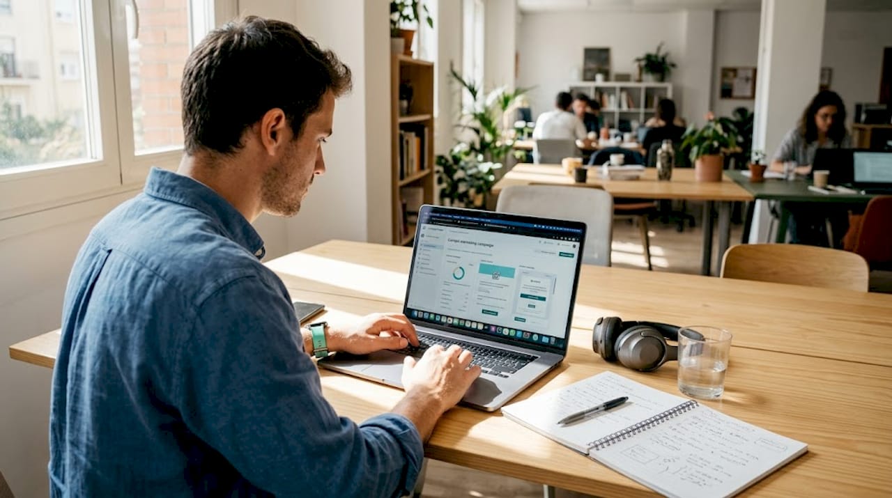 Un profesional diseña campañas de email marketing desde un espacio de coworking.