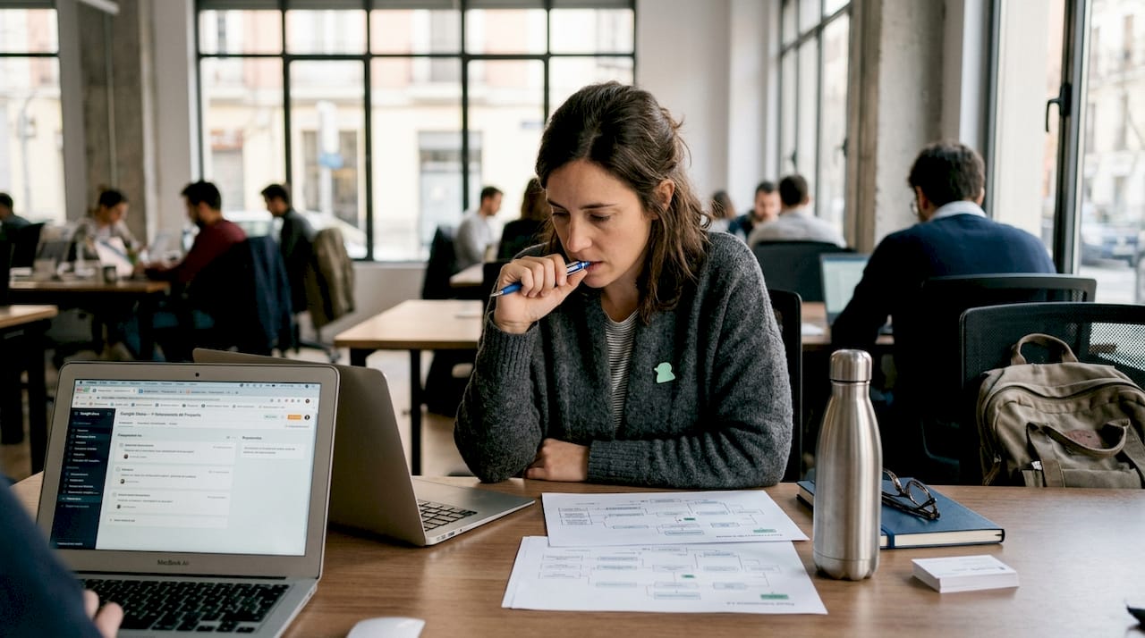 Emprendedora organizando una estrategia de campaña en un espacio de coworking