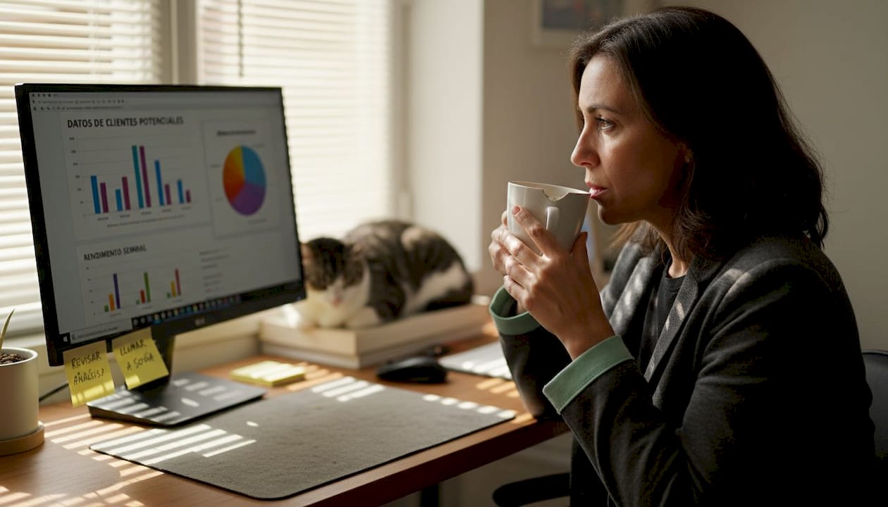 El gerente analiza los datos de automatización de clientes potenciales desde su escritorio.