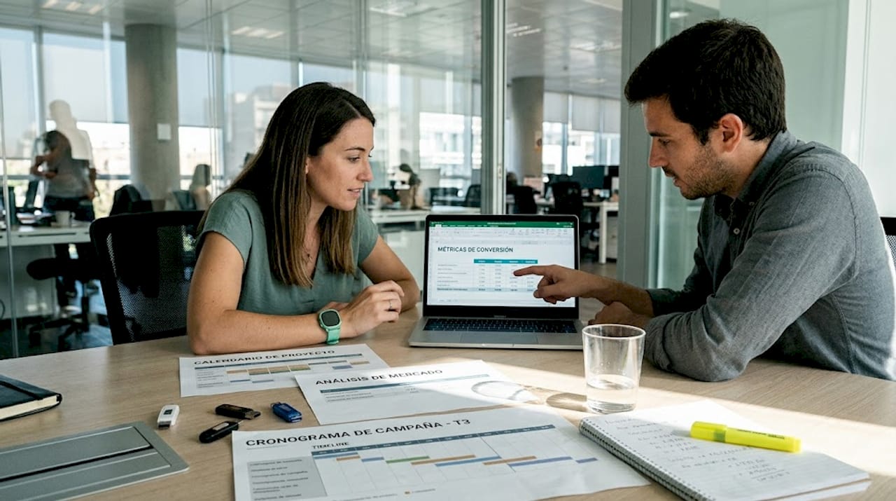 Un grupo de especialistas en marketing revisa los datos de conversión durante una reunión de trabajo.