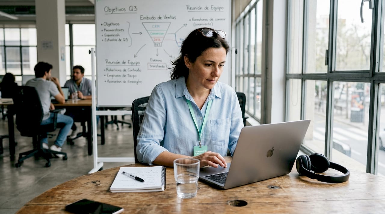Un profesional analiza las métricas del CRM en una sala de trabajo compartida.