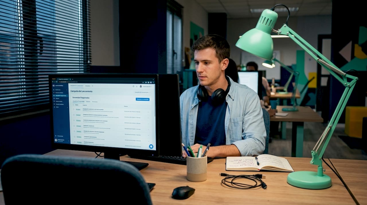 Un hombre consulta correos automáticos mientras trabaja en un espacio de coworking.