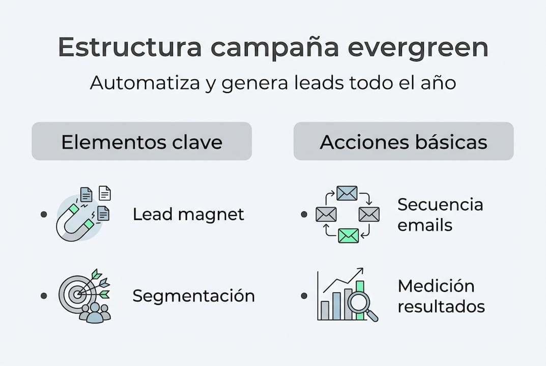 Infografía sobre campañas evergreen: elementos clave y pasos a seguir